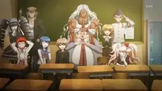 End card from episode 8, featuring Naegi, Maizono, Enoshima, Fujisaki, Kuwata, Oowada, Yamada, Ishimaru, Celestia and Oogami