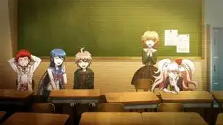 End card from episode 4, featuring Naegi, Maizono, Enoshima, Fujisaki and Kuwata