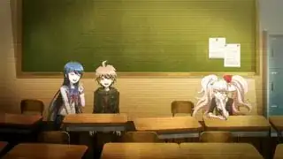 End card from episode 2, featuring Naegi, Maizono and Enoshima