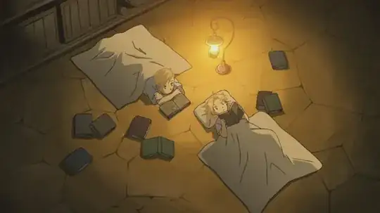 Ed and Al, under lanternlight, studying alchemy