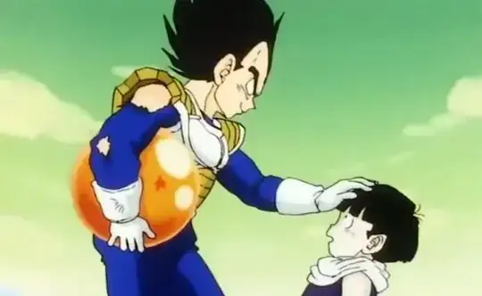 Vegeta holding a Namekian Dragonabll and patting Kid Gohan on the head