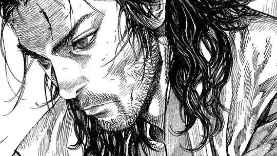 textured close-up illustration of Miyamoto Musashi