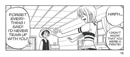 Nami talking to Luffy inside. There are 2 text bubbles on the right and 1 on the left.