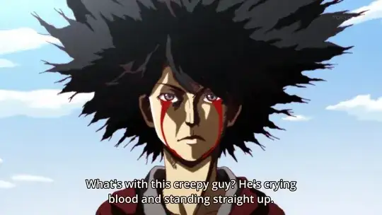 A funny-looking Araragi; subtitled "What's with this creepy guy? He's crying blood and standing straight up."