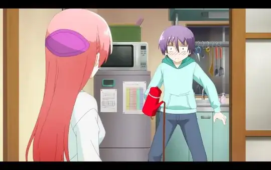 Scene from Season 1 Episode 2. Tsukasa's back is turned to the camera and the viewer can see the oval-shaped purple headdress.