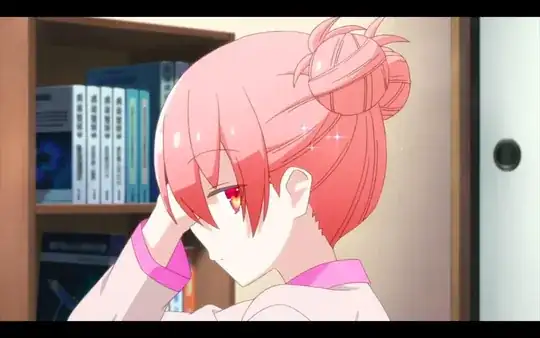 Scene from Season 1 Episode 2. Side-view of Tsukasa with her hair tied up into two buns. The purple headgear is clearly missing.