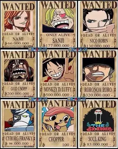 Picture of the Straw Hat Pirate crew's bounty posters