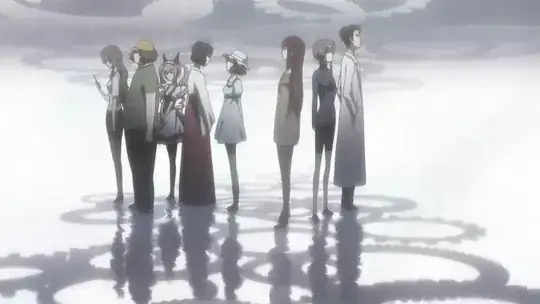 Moeka facing left (looking at her cell phone), Daru facing left, Faris facing centre-left, Luka facing right, Mayuri facing left, Kurisu facing left, Suzuha facing right, Okabe facing right