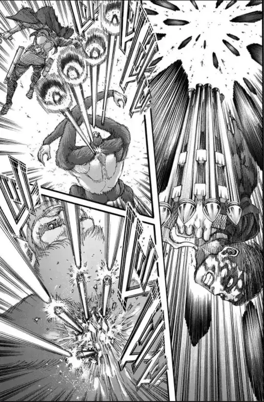 Levi attacking beast titan using thunder spears!