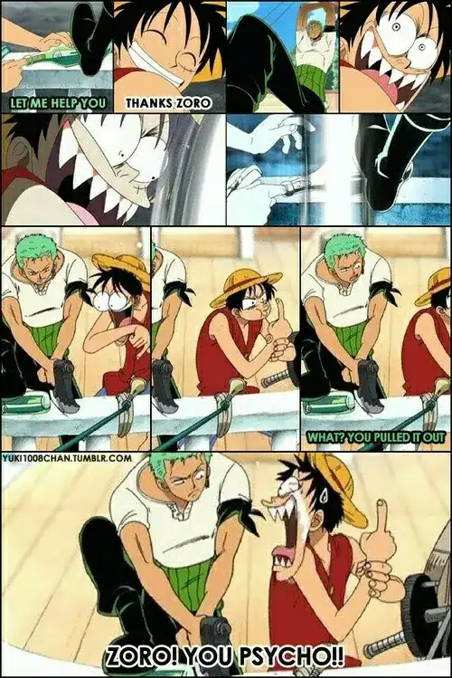 Pictures of Zoro chopping the bottle Luffy has his finger stuck in