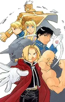 FMA characters, from front to back: Edward Elric, Alexander Louis Armstrong, Alphonse Elric, Roy Mustang, Winry Rockbell, Riza Hawkeye, and Scar