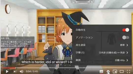 Screenshot of an Idolmaster video on YouTube with Closed Caption setting opened and set to Auto-English