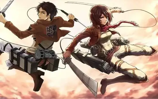 Two character form "Attack on Titan" shown. Both hold a sword in each of their hand. Attached to their hips there are large rectangular boxes, each of those having around five blades that can easily be removed at will.