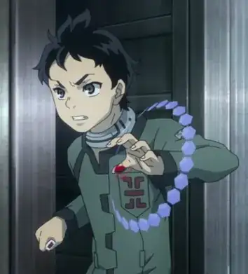 Ganta shooting his Ganta Gun with blue hexagons encircling his arm