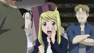 Izumi, Sig, and Winry at train station, *Brotherhood*