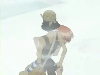 Nami pretends to stab Usopp.