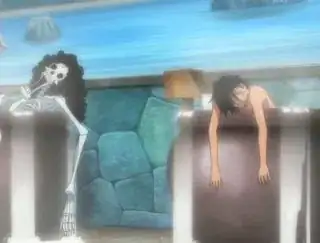 Screencap from anime of Brook and Luffy Bathing with powers drained