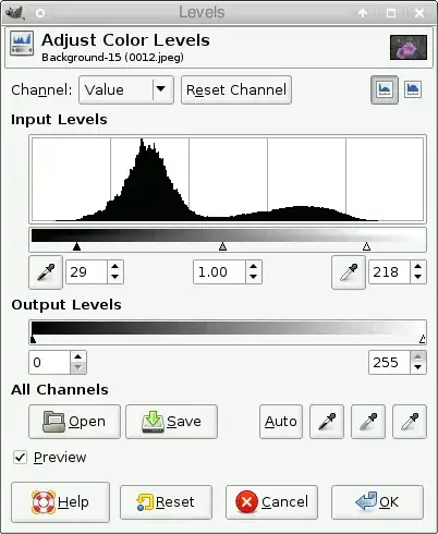 Image titled "Dead" spots in the histogram, to the left and right, are usually indicative of hazing.