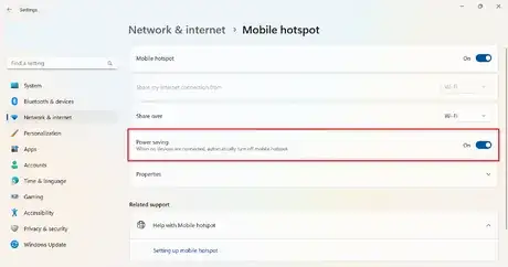 Image titled Windows 11 Mobile Hotspot Select Power Saving.png
